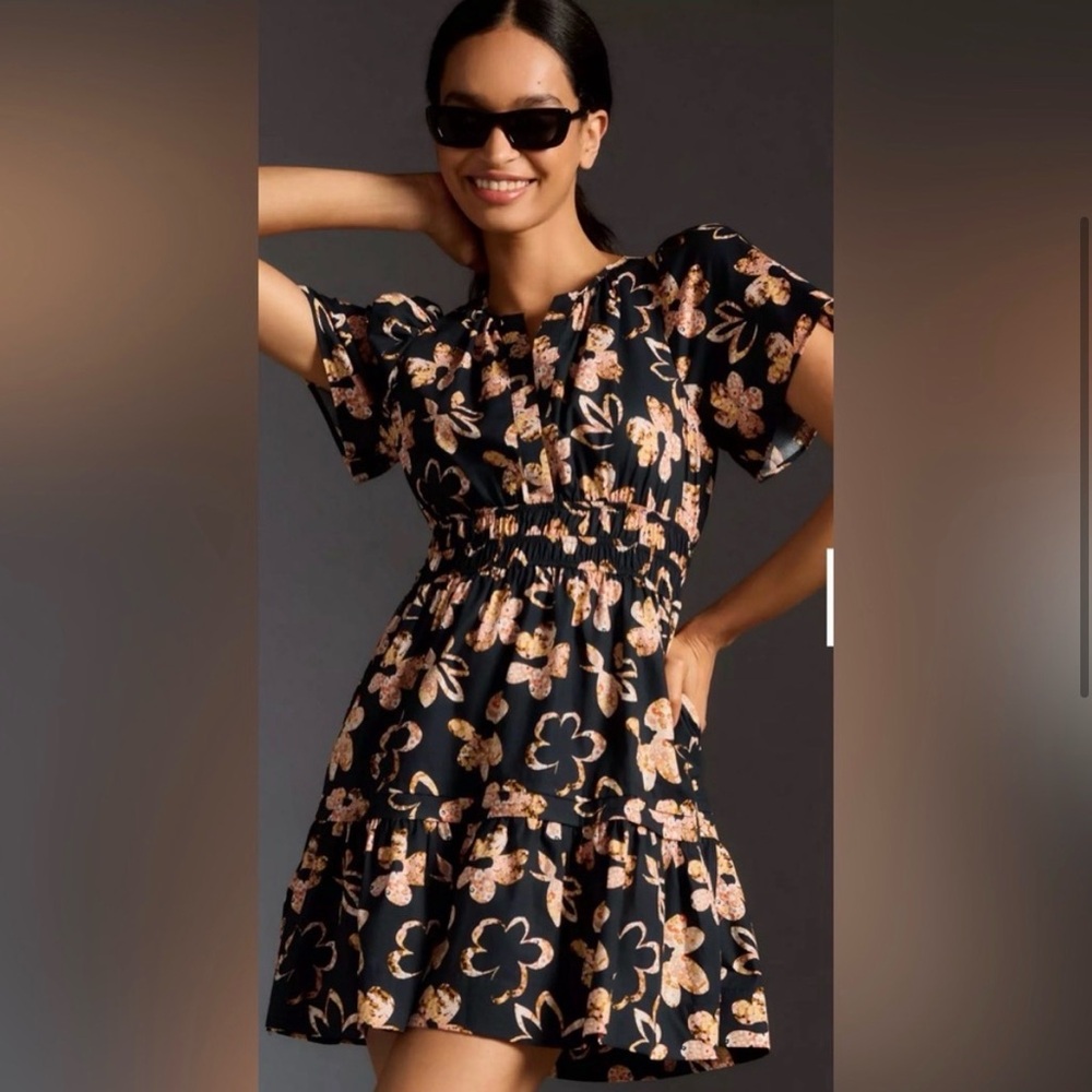 Anthropologie Somerset Mini Dress in Black Floral Print - XXS - EUC